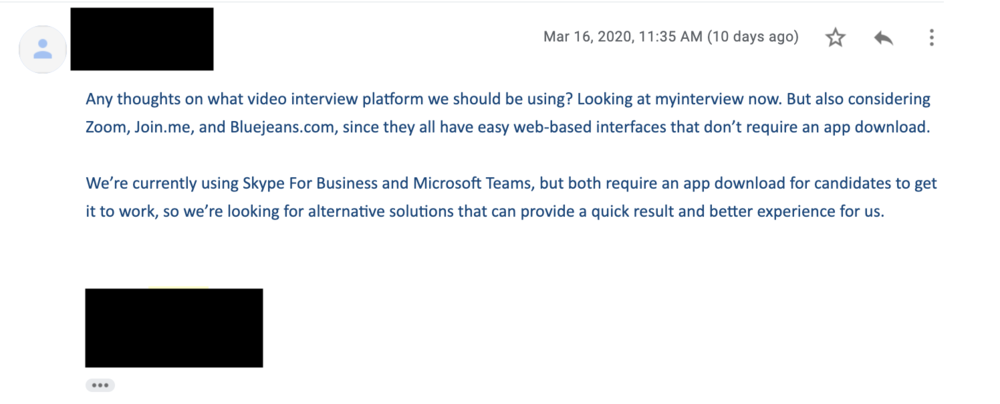 Screenshot of an email asking for video interviewing platform advise