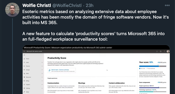Screenshot of a Twitter thread explaining how esoteric metrics are built into MS 365 making it a workplace surveillance tool