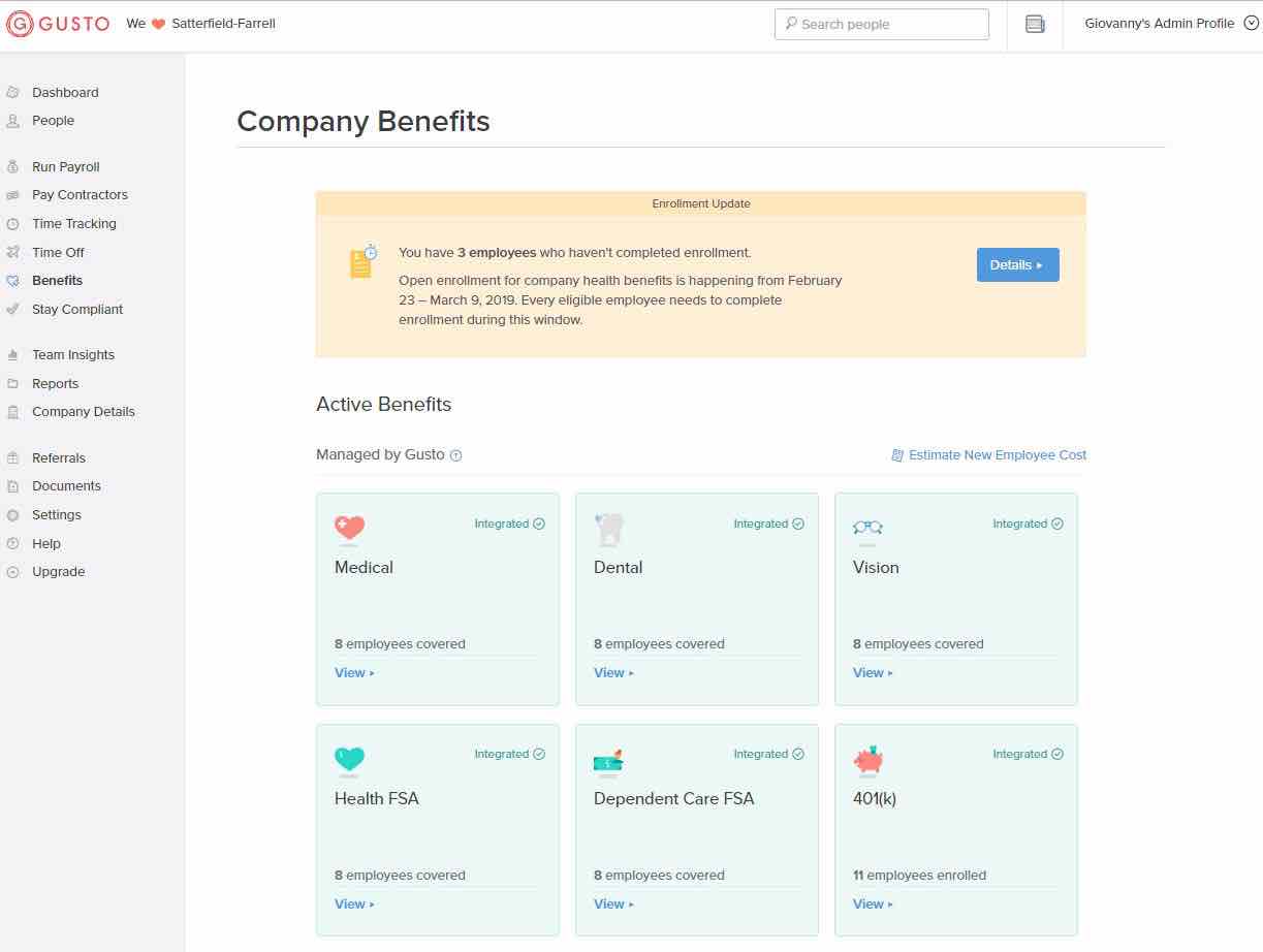 Gusto dashboard - Simplify HR management with the best employee management software