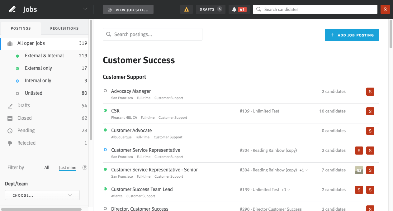 Screenshot of Lever Applicant Tracking System Showing Job Applications Received in Customer Success Department
