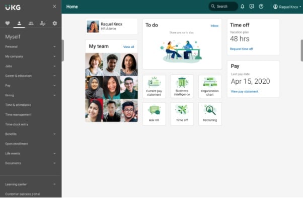 UKG Pro dashboard screenshot - one of the best Human Capital Management Software