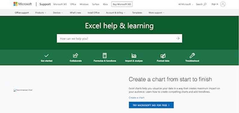 A screenshot of Microsoft Excel's help and learning page