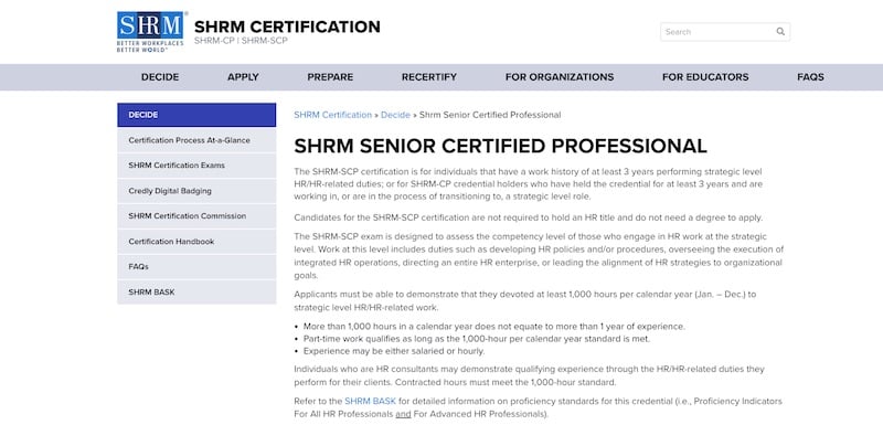 SHR senior certified professional course