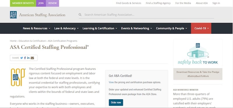 Hompage of ASA Certified Staffing Professional course