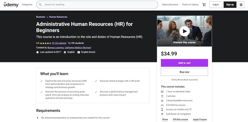 Udemy's Administrative HR for Beginners course
