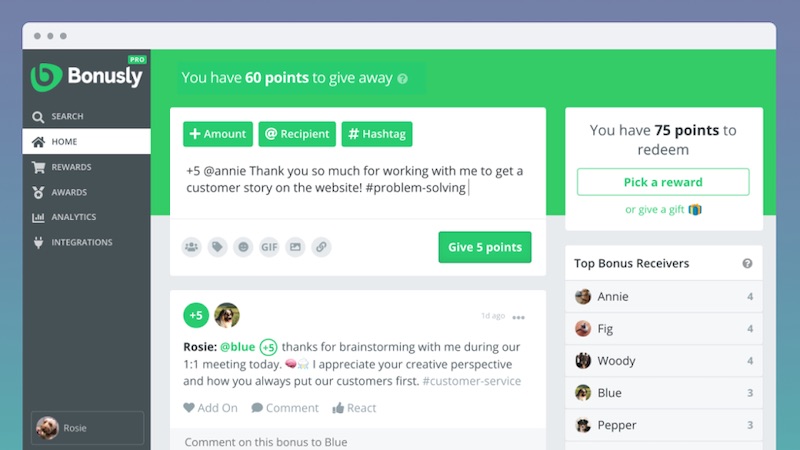 Bonusly Employee Engagement Solutions dashboard screenshot 