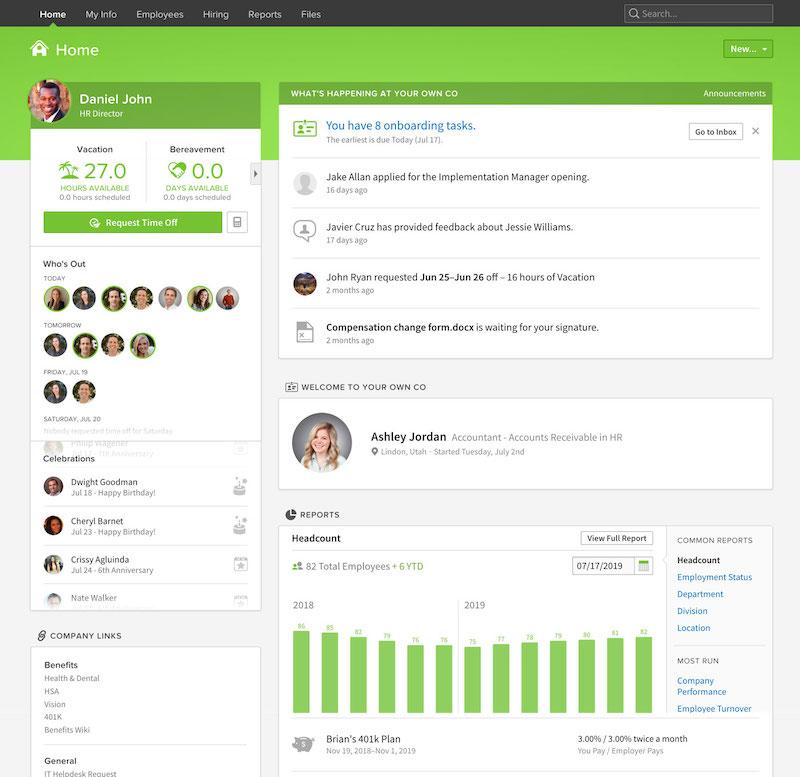Screenshot of BambooHR Applicant Tracking System Showing Onboarding Task, Monthly Headcount, Vacation