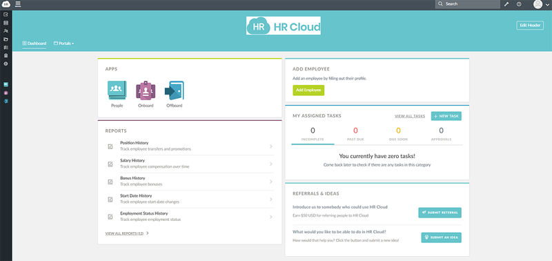 The HR Cloud dashboard offers quick access to integrated apps, reports, assigned tasks, ideas, and more.
