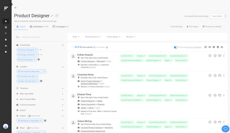 Findem's ai based recruitment platform dashboard screenshot