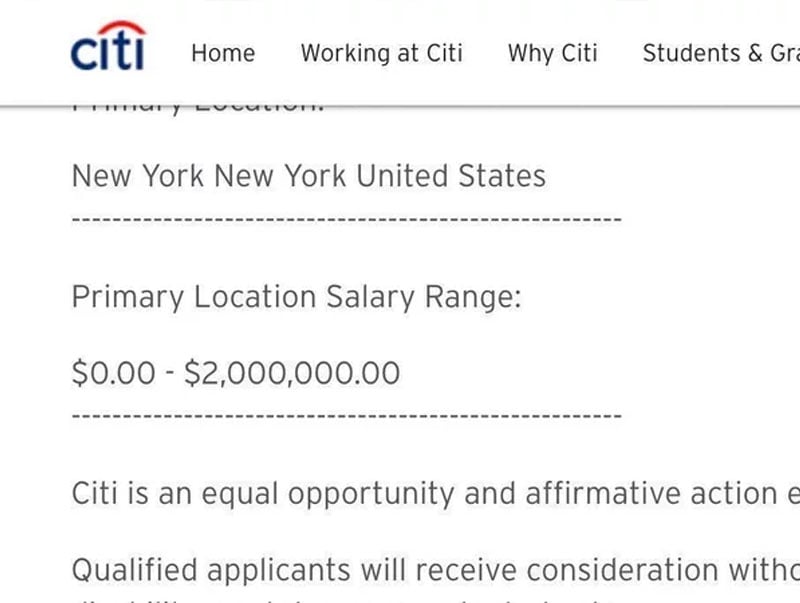 CitiBank Salary Range after NYC Job Posting Pay Transparency Laws went into effect