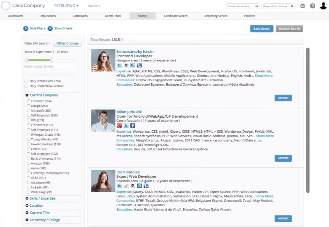 Screenshot of Clear Company Applicant Tracking System Showing Team Goals and ATS Features
