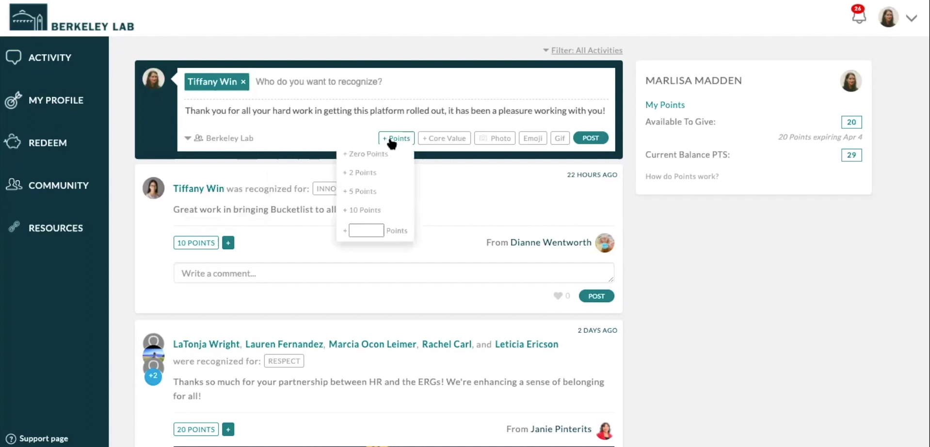 Bucketlist (a employee recognition platform) dashboard screenshot