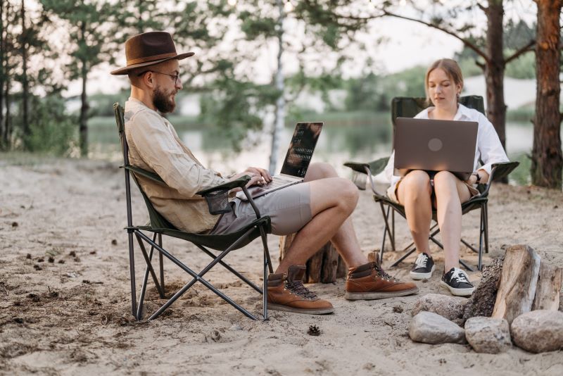 Two employees logging on to work while they are on paid time off for a camping vacation. 