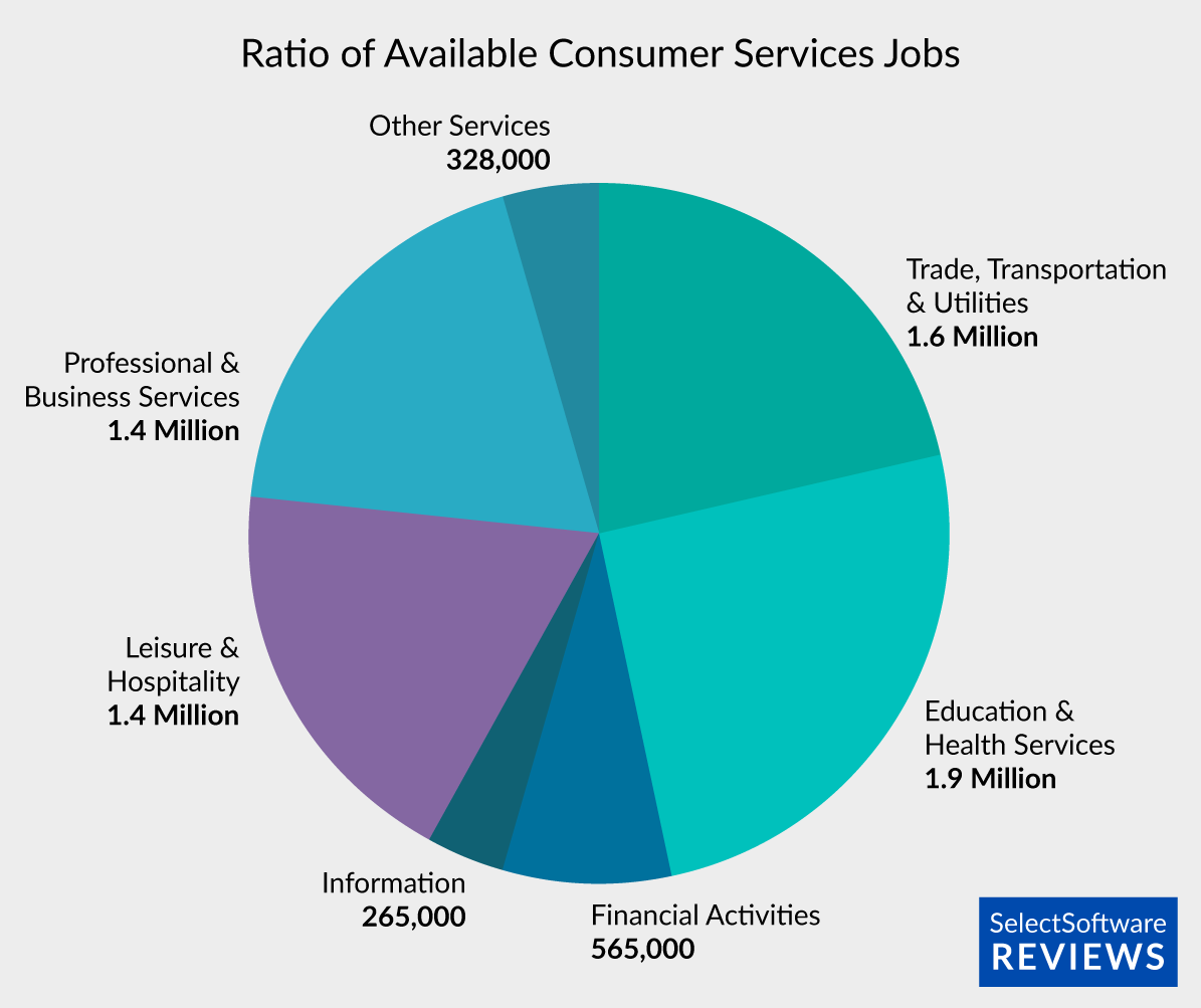 A pie chart depicting the availability of of consumer services jobs by sector.