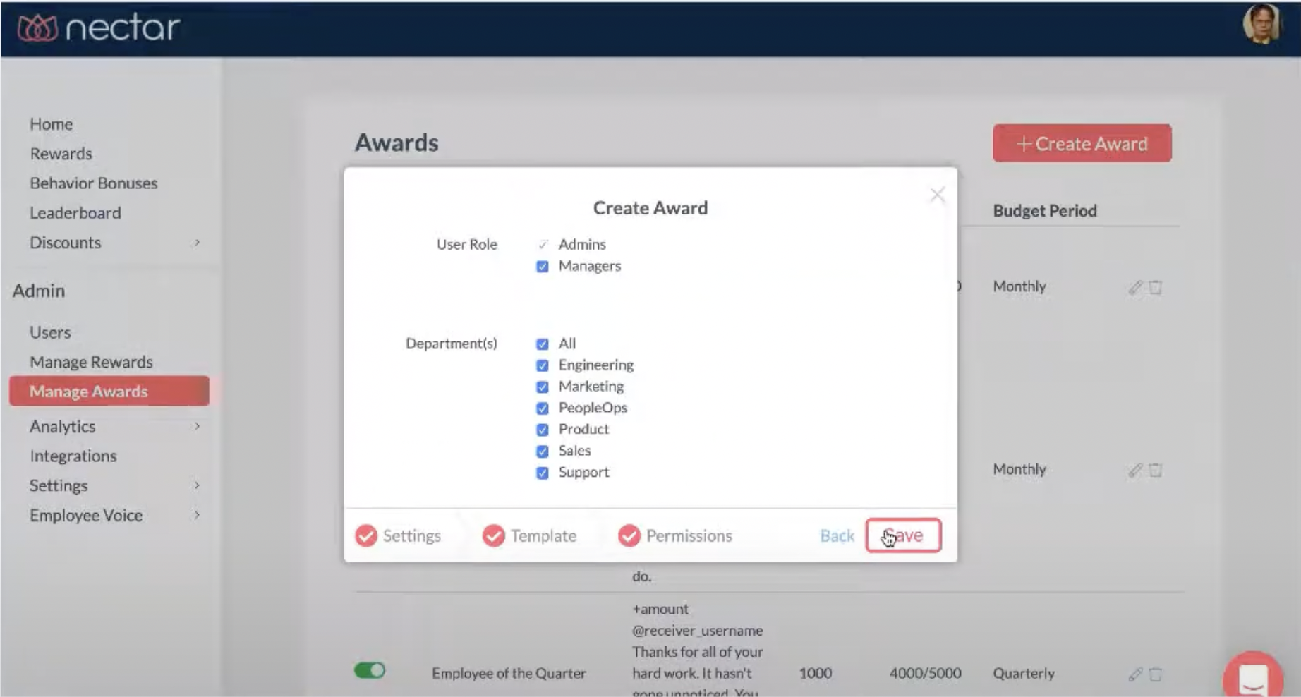 Nectar's Employee Rewards Software dashboard screenshot
