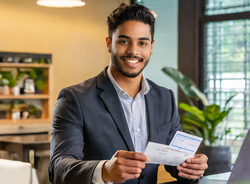 An employee holding a paycheck reflecting a merit increase that he received for excellent performance.