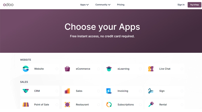 Odoo open source software solutions sign-up page.