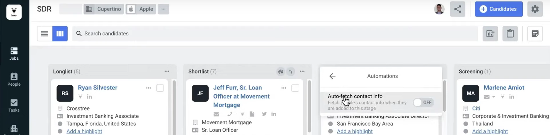 Loxo provides users with the option to auto-fetch candidate contact info in one click