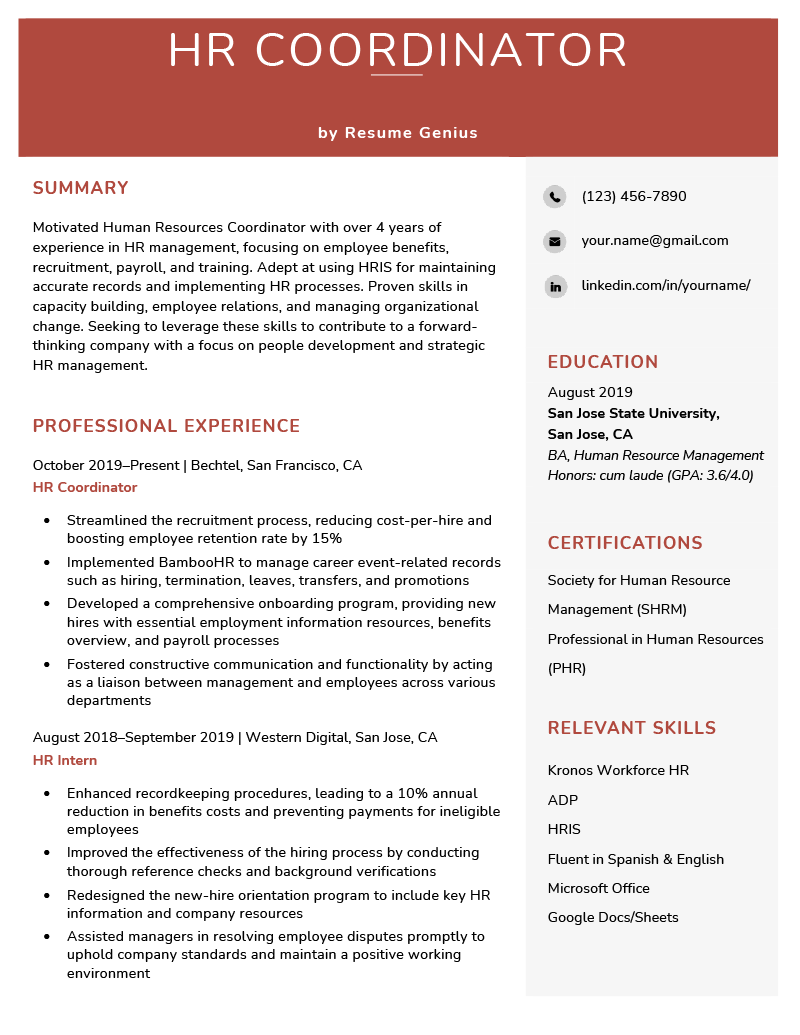 A sample of a resume for an HR coordinator position.