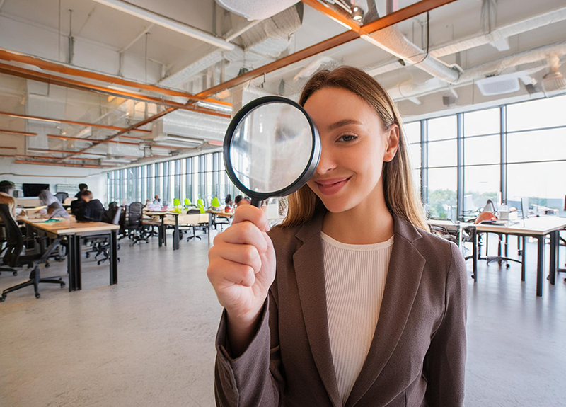 An HR manager looking through a magnifying glass to depict a skills gap analysis within the organization